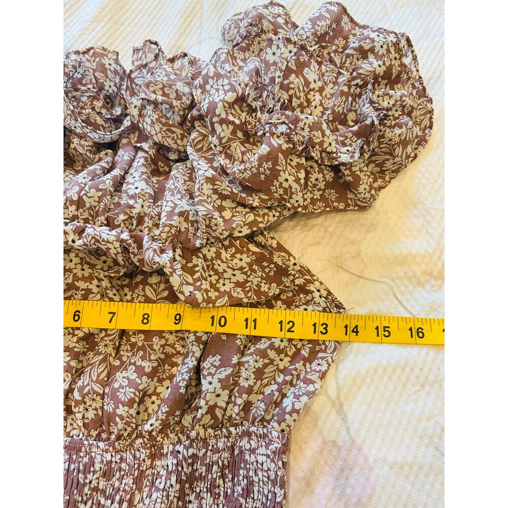 Hello Molly Floral Off Shoulder Mini Dress Ruffle Puff Sleeve Smocked XS Boho - Picture 8 of 9